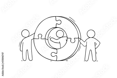 Sketch of working little people with puzzle, teamwork.
