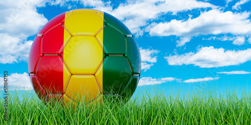 Soccer ball with Guinean flag on the green grass against blue sky  3D rendering