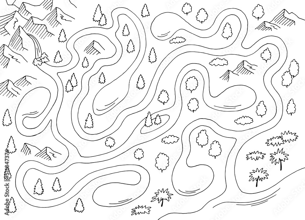 River maze graphic black white sketch map top aerial view illustration vector