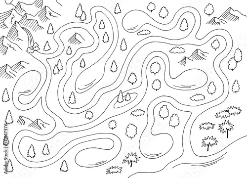 River maze graphic black white sketch map top aerial view illustration vector