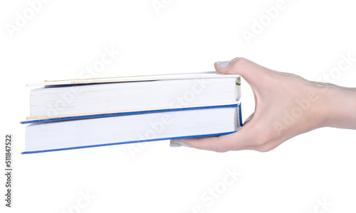 Stack books education in hand on white background isolation