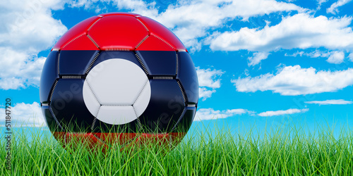Soccer ball with Laotian flag on the green grass against blue sky  3D rendering