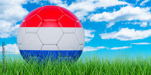 Soccer ball with Luxembourgish flag on the green grass against blue sky  3D rendering