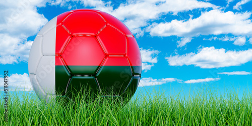 Soccer ball with Madagascar flag on the green grass against blue sky  3D rendering