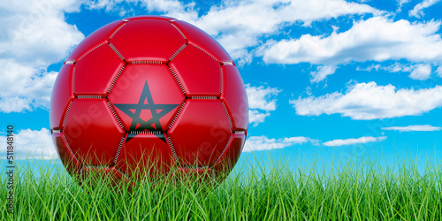 Soccer ball with Moroccan flag on the green grass against blue sky  3D rendering