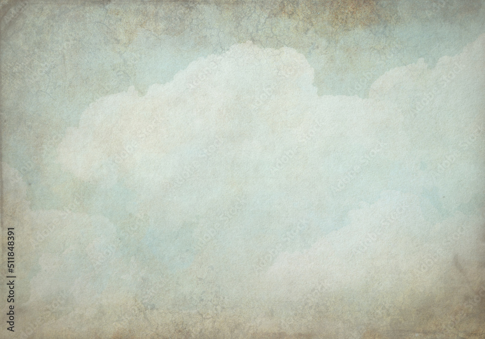 Vintage background with clouds. Handmade textured backdrop. Blue and yellow shade. Old paper texture. Aged wallpaper for card. Poster. Grunge template for design. Watercolor texture with craquelure.