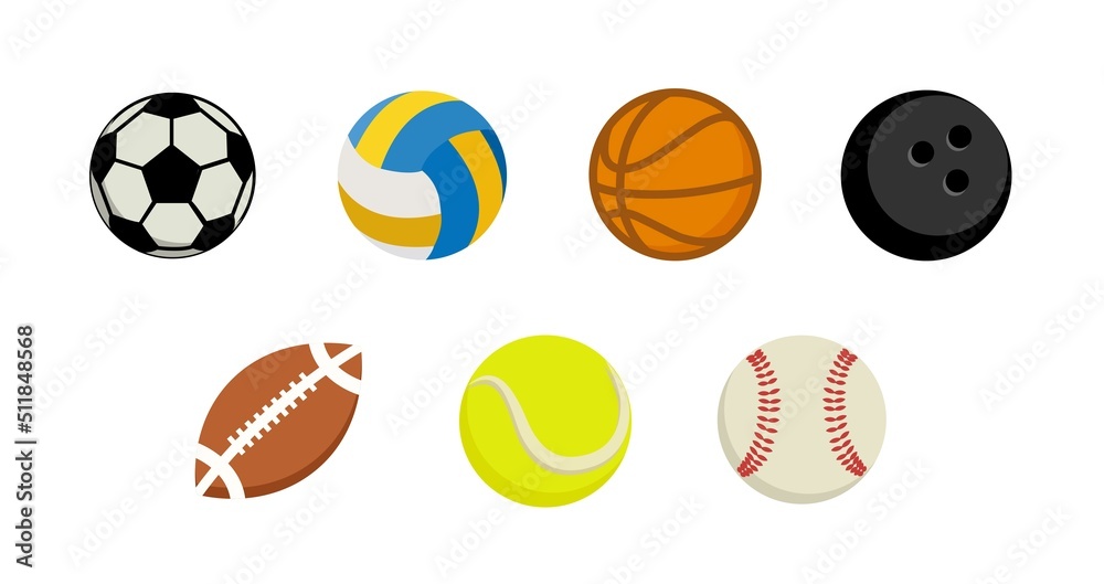 A set of sports balls. Soccer, tennis, volleyball, baseball, basketball and football equipment. Flat game ball vector set. Basketball and baseball, volleyball and soccer illustration A set of sports balls. Soccer, tennis, volleyball, baseball, basketball and football equipment. Flat game ball vector set. Basketball and baseball, volleyball and soccer illustration
