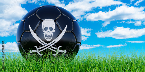 Slika na platnu Soccer ball with piracy flag on the green grass against blue sky, 3D rendering