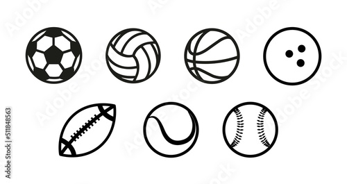 Sport balls Line Icons. For Mobile and Web. Contains such icons as Baseball, Volleyball, Tennis, Basketball, Soccer, Bowling. Vector illustration in doodle style