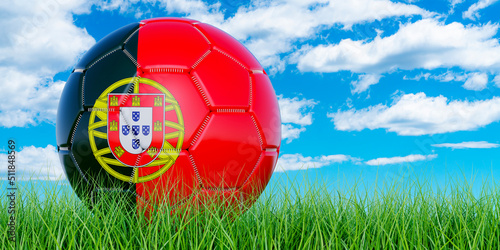 Soccer ball with Portuguese flag on the green grass against blue sky  3D rendering