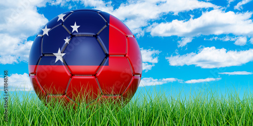 Soccer ball with Samoan flag on the green grass against blue sky  3D rendering