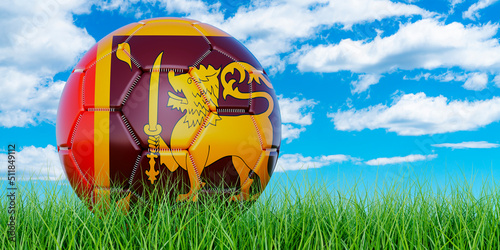 Soccer ball with Sri Lankan flag on the green grass against blue sky  3D rendering