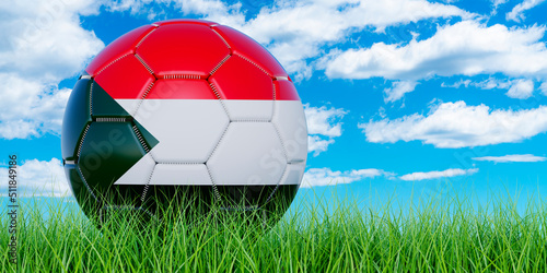 Soccer ball with Sudanese flag on the green grass against blue sky  3D rendering