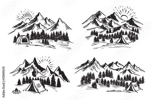 Sketch Camping in nature set, Mountain landscape, vector illustrations. 