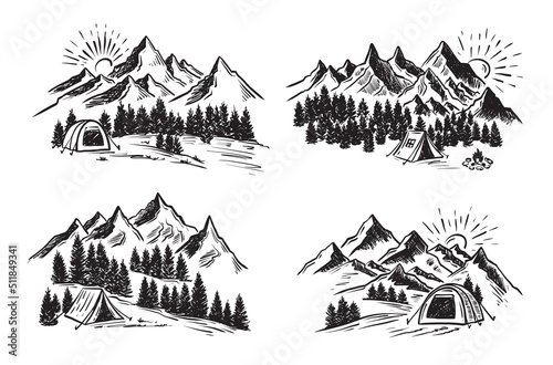 Sketch Camping in nature set, Mountain landscape, vector illustrations.	
