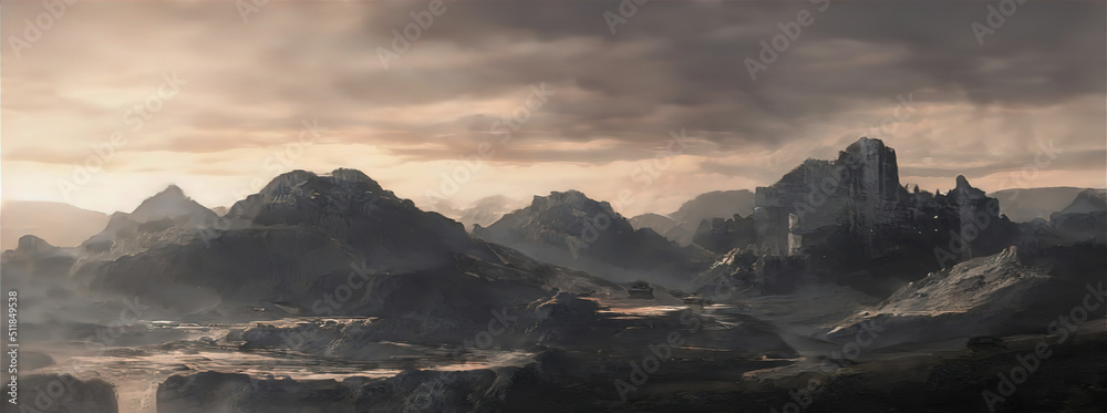 Naklejka premium Fantasy mountain landscape with sunset. Foggy sunset, mountains, mountain river, gorge. Abstract fantasy landscape. 3D illustration.