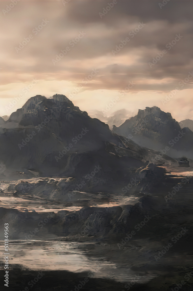 Fantasy mountain landscape with sunset. Foggy sunset, mountains, mountain river, gorge. Abstract fantasy landscape. 3D illustration.