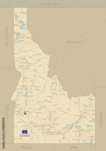 Road map of Idaho, US American federal state. Editable highly detailed transportation map with highways and interstate roads, rivers and cities realistic vector illustration