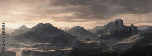 Stampa su tela Fantasy mountain landscape with sunset
