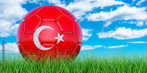 Soccer ball with Turkish flag on the green grass against blue sky  3D rendering