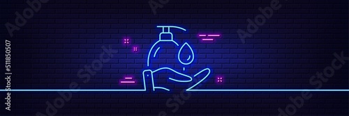 Neon light glow effect. Wash hands line icon. Covid hygiene sign. Washing liquid symbol. 3d line neon glow icon. Brick wall banner. Wash hands outline. Vector