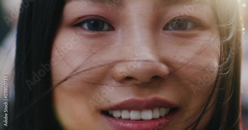 Attractive portrait of wonderful asian young woman look at camera smiling at sunlight. Beautiful face lady outdoors. Ethnicity. Close-up.
