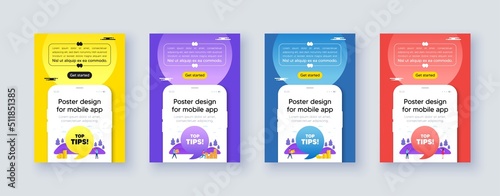 Poster frame with phone interface. Top tips tag. Education faq sign. Best help assistance. Cellphone offer with quote bubble. Top tips message. Vector