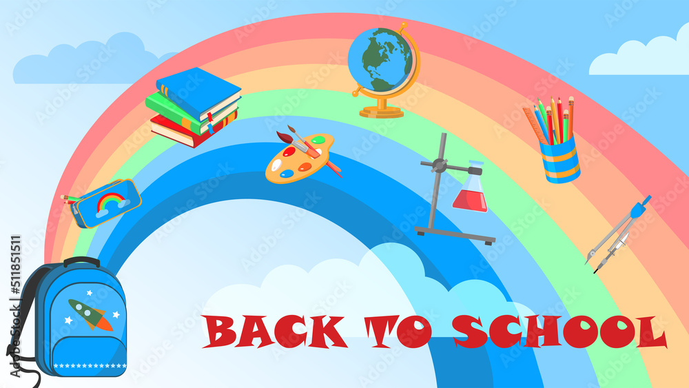 Horizontal  Back to School banner. With rainbow and backpack, books, pencil case, globe, chemical flask, paints, with gradient background. Vector illustration. For presentation layout. No people.