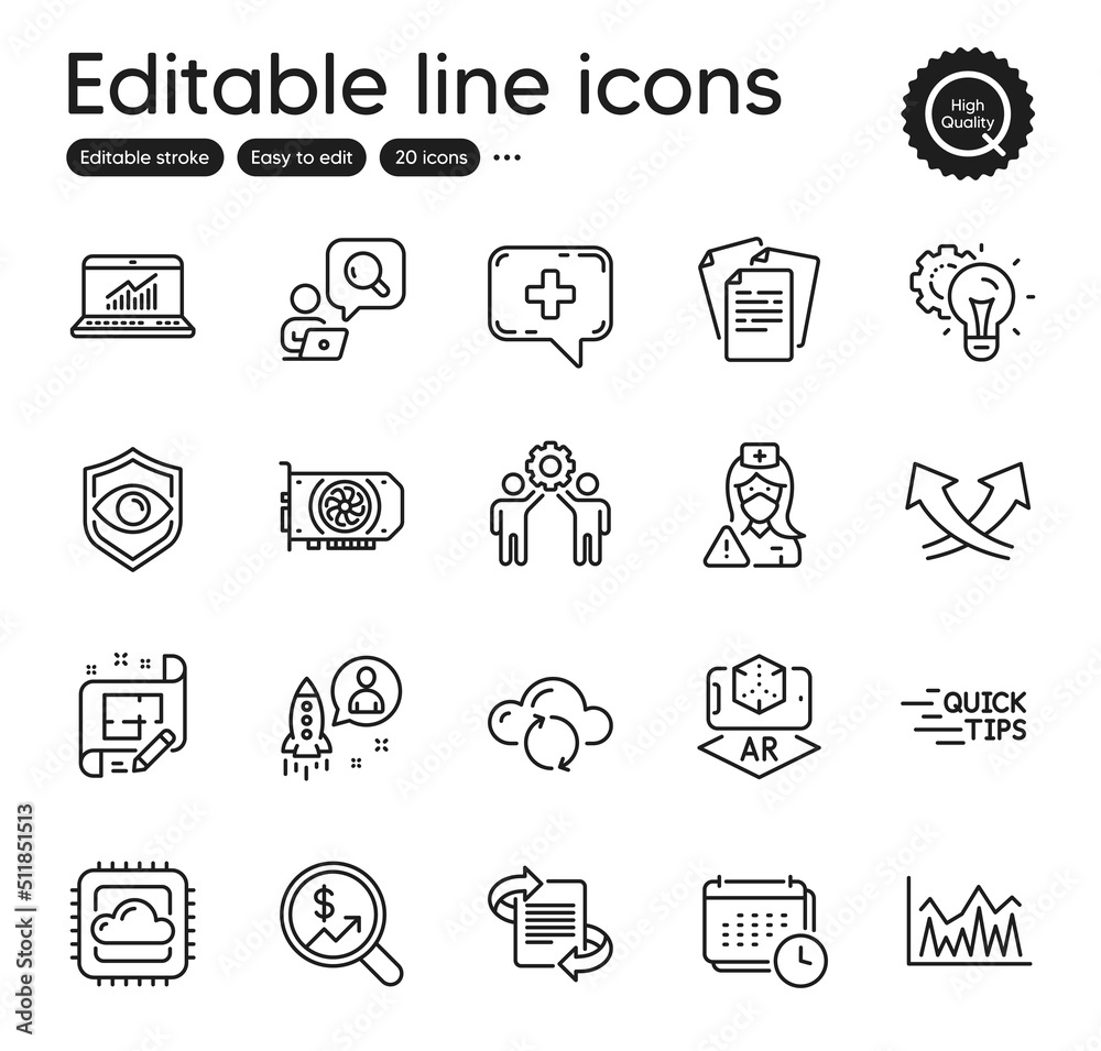 Set of Science outline icons. Contains icons as Marketing, Startup and Employees teamwork elements. Eye detect, Medical chat, Documents web signs. Education, Nurse, Investment elements. Vector