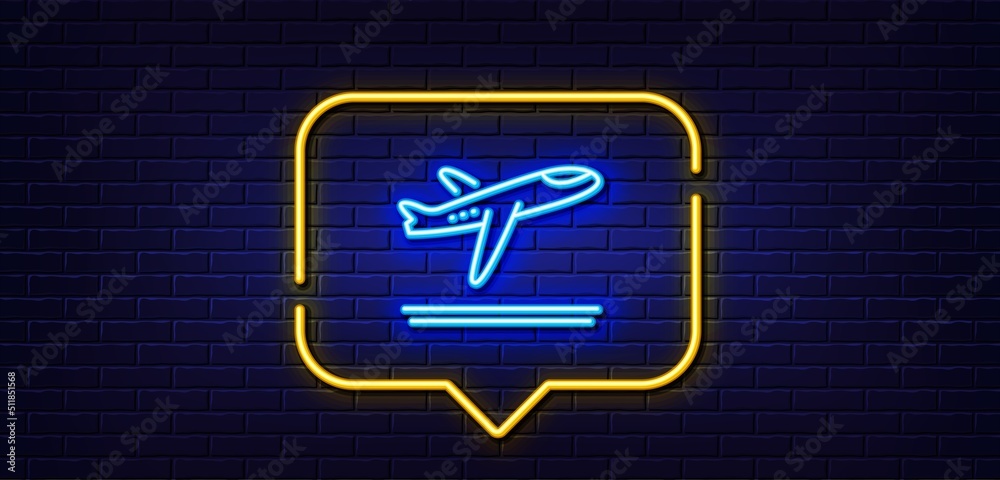 Neon light speech bubble. Airport departure plane line icon. Airplane take off sign. Flight symbol. Neon light background. Departure plane glow line. Brick wall banner. Vector Neon light speech bubble. Airport departure plane line icon. Airplane take off sign. Flight symbol. Neon light background. Departure plane glow line. Brick wall banner. Vector