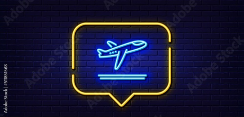 Neon light speech bubble. Airport departure plane line icon. Airplane take off sign. Flight symbol. Neon light background. Departure plane glow line. Brick wall banner. Vector