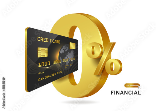 Gold rim black credit card pops out front text 0% gold for 0% interest promotion advertising design,vector 3d isolated on white background for financial concept design