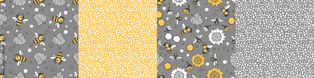 Modern floral pattern with large sunflower flowers, bees and dragonflies, small buds on a branch, varied foliage. Bitmap, small spots. Modern design for paper, cover, fabric, decor, print.