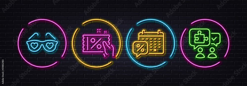 Love glasses, Discounts calendar and Discount coupon minimal line icons. Neon laser 3d lights. Puzzle icons. For web, application, printing. Spectacles with hearts, Sale month, Sale flyer. Vector