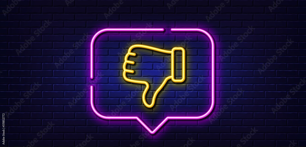 Neon light speech bubble. Dislike hand line icon. Thumbs down finger sign. Gesture symbol. Neon light background. Dislike hand glow line. Brick wall banner. Vector Neon light speech bubble. Dislike hand line icon. Thumbs down finger sign. Gesture symbol. Neon light background. Dislike hand glow line. Brick wall banner. Vector