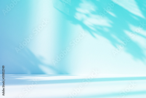 Fototapeta Naklejka Na Ścianę i Meble -  Abstract gradient blue studio background for product presentation. Empty room with shadows of window and flowers and palm leaves . 3d room with copy space. Summer concert. Blurred backdrop.