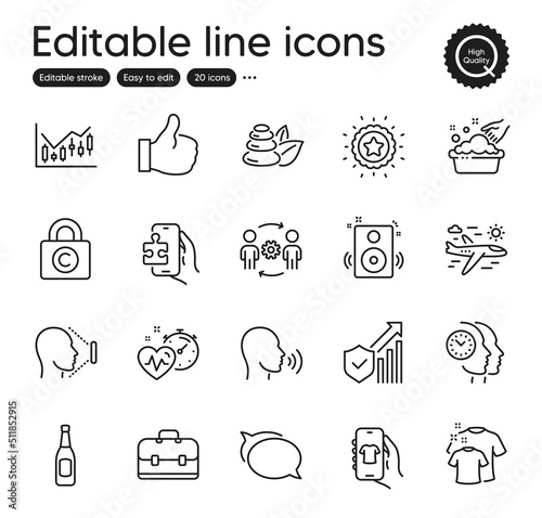 Fototapeta Naklejka Na Ścianę i Meble -  Set of Business outline icons. Contains icons as Like, Shop app and Cardio training elements. Engineering team, Time management, Winner star web signs. Spa stones, Airplane travel. Vector
