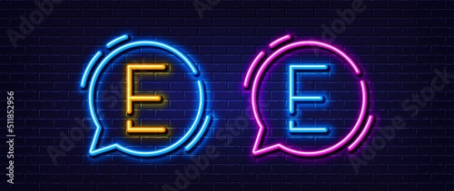 Initial letter E icon. Neon light line effect. Line typography character sign. Large first font letter. Glowing neon light speech bubble. Letter E glow 3d line. Brick wall banner. Vector