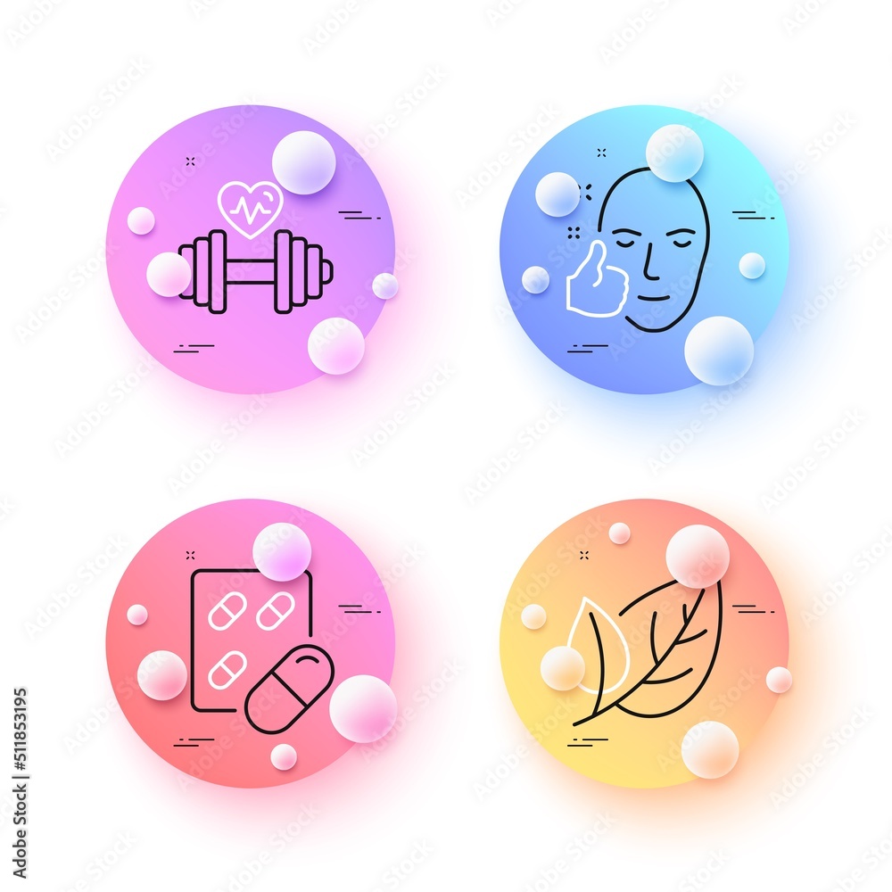 Capsule pill, Leaf and Dumbbell minimal line icons. 3d spheres or balls buttons. Healthy face icons. For web, application, printing. Medicine drugs, Ecology, Cardio training. Healthy cosmetics. Vector Capsule pill, Leaf and Dumbbell minimal line icons. 3d spheres or balls buttons. Healthy face icons. For web, application, printing. Medicine drugs, Ecology, Cardio training. Healthy cosmetics. Vector