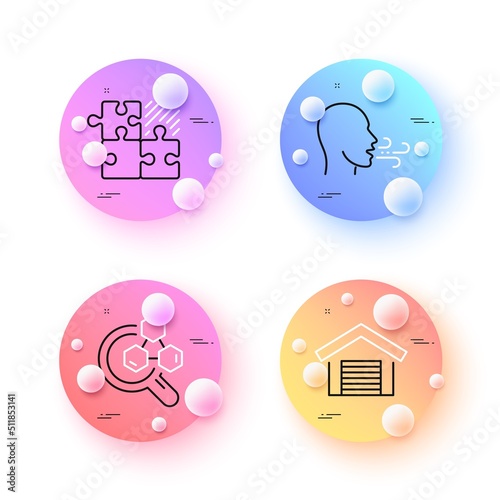 Chemistry lab, Puzzle game and Parking garage minimal line icons. 3d spheres or balls buttons. Breathing exercise icons. For web, application, printing. Vector