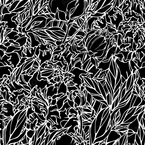 Vector floral seamless pattern with peonies flowers and leaves. White outline on black. Monochrome design for textile, wallpaper, wrapping paper.