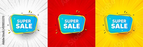 Super sale banner. Flash offer banner, coupon or poster. Discount price tag sticker. Chat bubble icon. Super sale promo banner. Retail marketing flyer. Starburst pop art. Vector