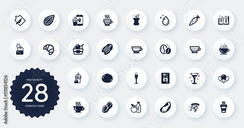 Set of Food and drink icons, such as Carrot, Healthy food and Food delivery flat icons. Pecan nut, Americano, Cutting board web elements. Coffee vending, Dry cappuccino, Ice cream signs. Vector
