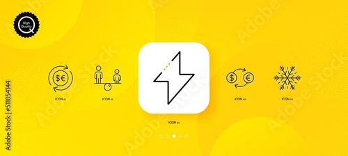 Energy, Equity and Air conditioning minimal line icons. Yellow abstract background. Currency exchange, Money currency icons. For web, application, printing. Vector