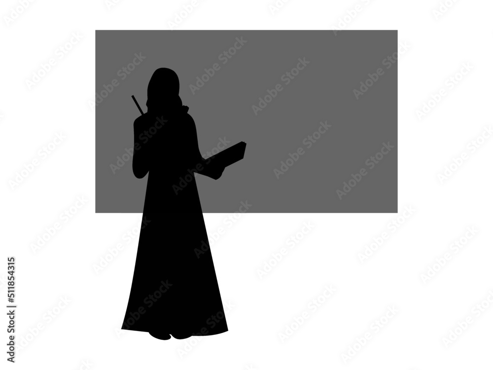 Islamic Hijabi teacher teaching the class on board or slides, black silhouette