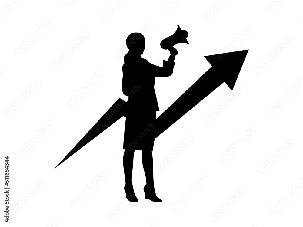 Black silhouette of a Young Woman Holding a Megaphone On a White Background