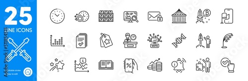 Outline icons set. Falling star, Handout and Dishwasher timer icons. Dot plot, Loyalty tags, Presentation time web elements. Secure mail, Seo analytics, Carousels signs. Boxes shelf. Vector photo