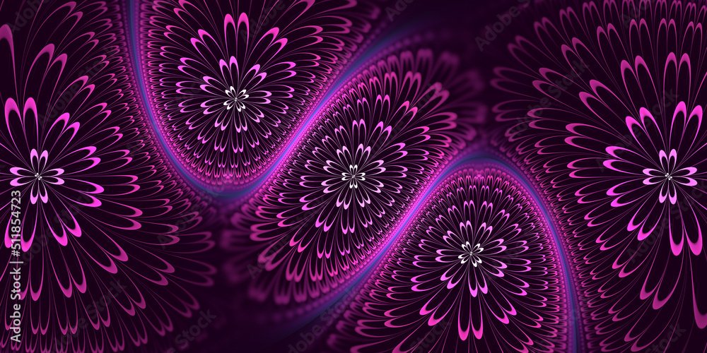 © synthetick - Abstract fractal art background banner of bright pink geometric floral shapes.