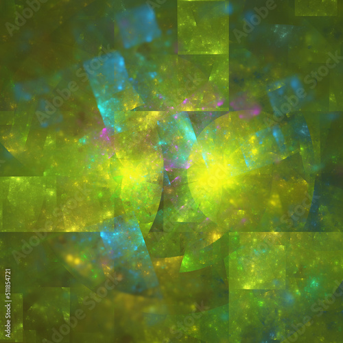 Abstract fractal art background of green, yellow and blue textured shapes, which perhaps suggests summer time reflections.
