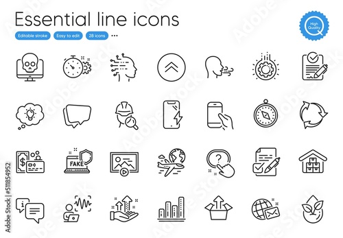 Start presentation, Breathing exercise and Analysis graph line icons. Collection of Artificial intelligence, Question button, Card icons. Inspect, Fake internet, Organic product web elements. Vector